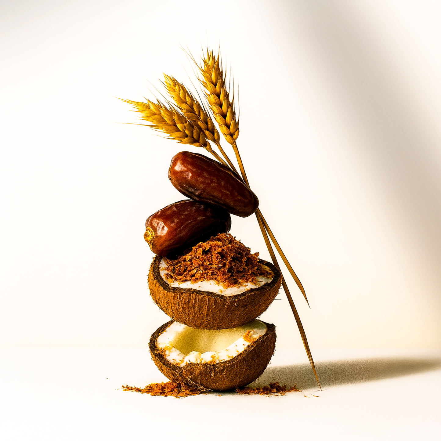 Coconut halves with dates and a wheat stalk on a white background