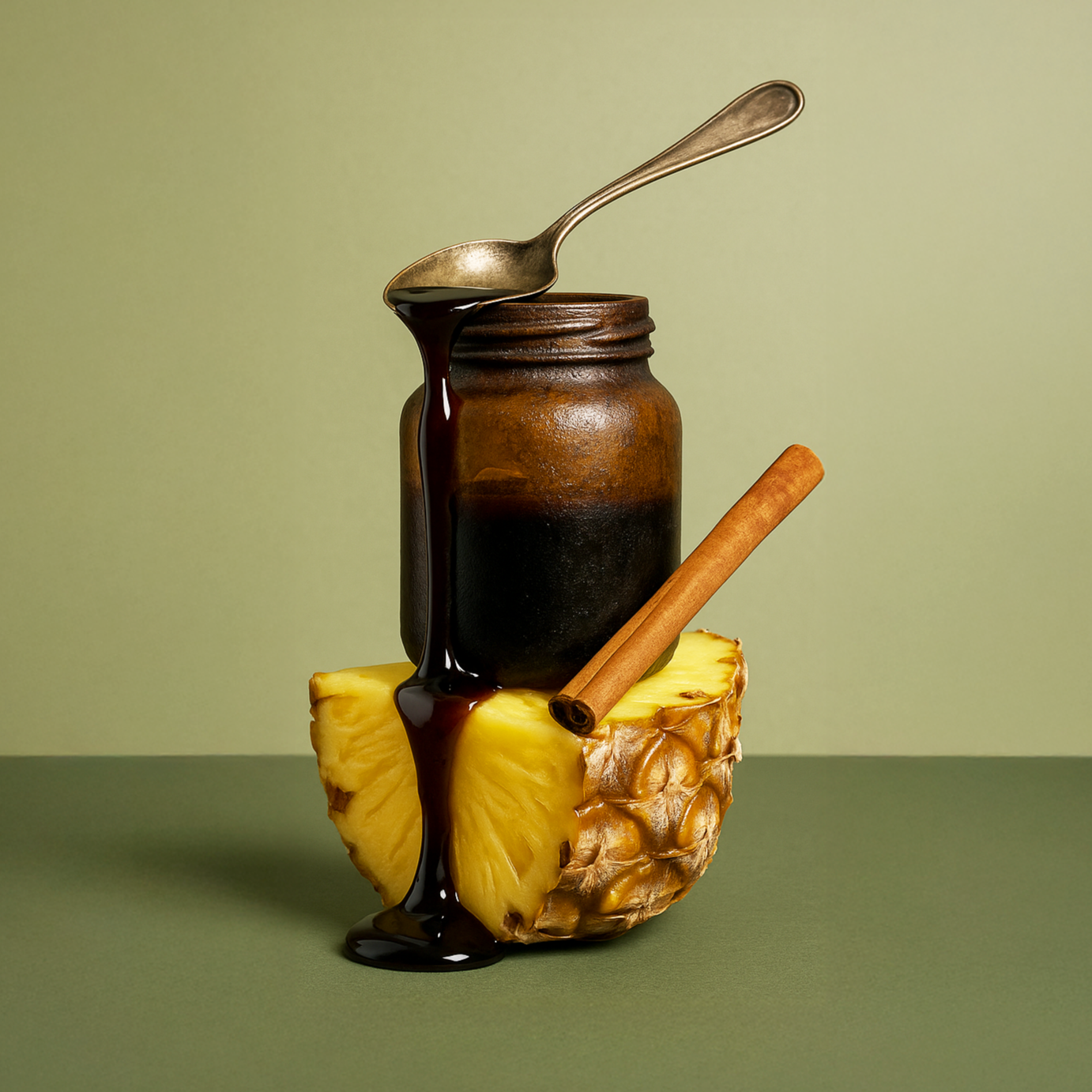 Molasses jar with a spoon on a pineapple wedge against a green background