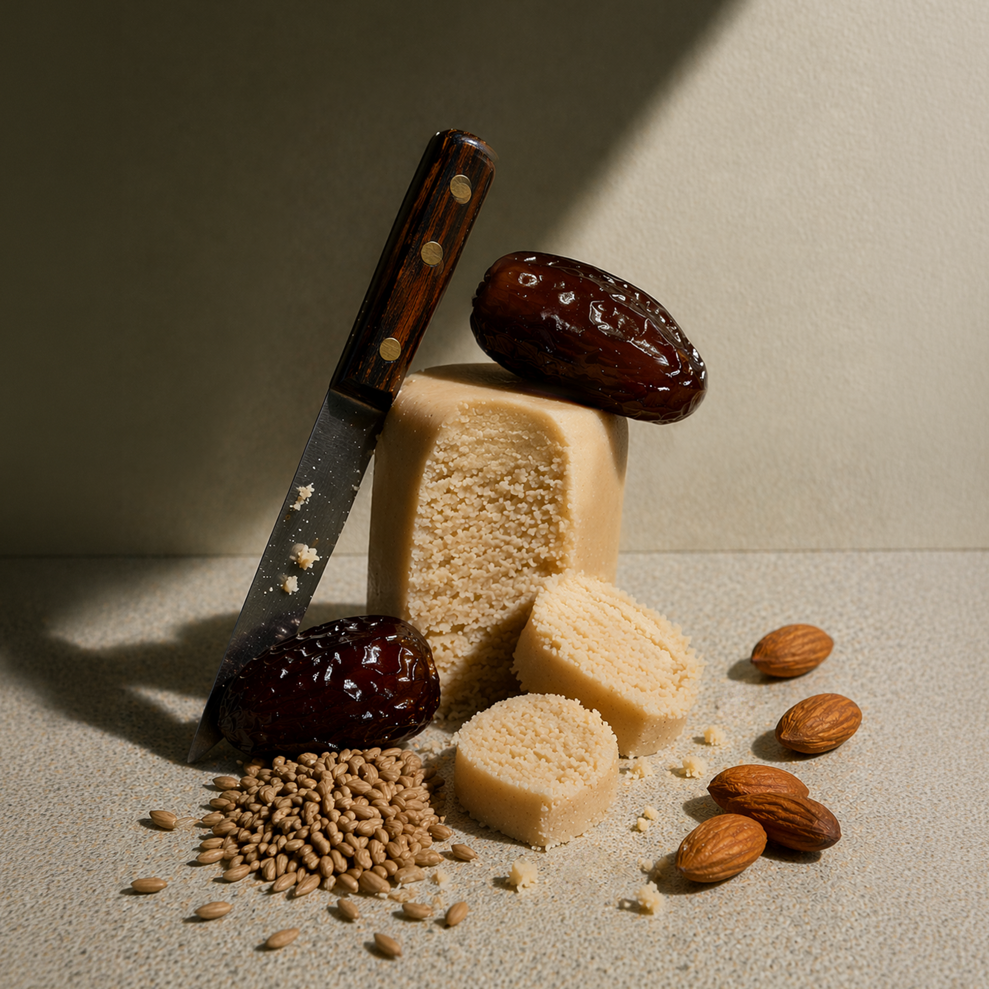 Sliced marzipan tube with dates, malted grain and almonds.