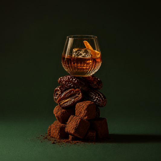 A stemmed glass filled with an amber drink and a citrus peel sits on top of a stacked arrangement of dark chocolate truffles and cocoa-dusted squares against a dark green background.