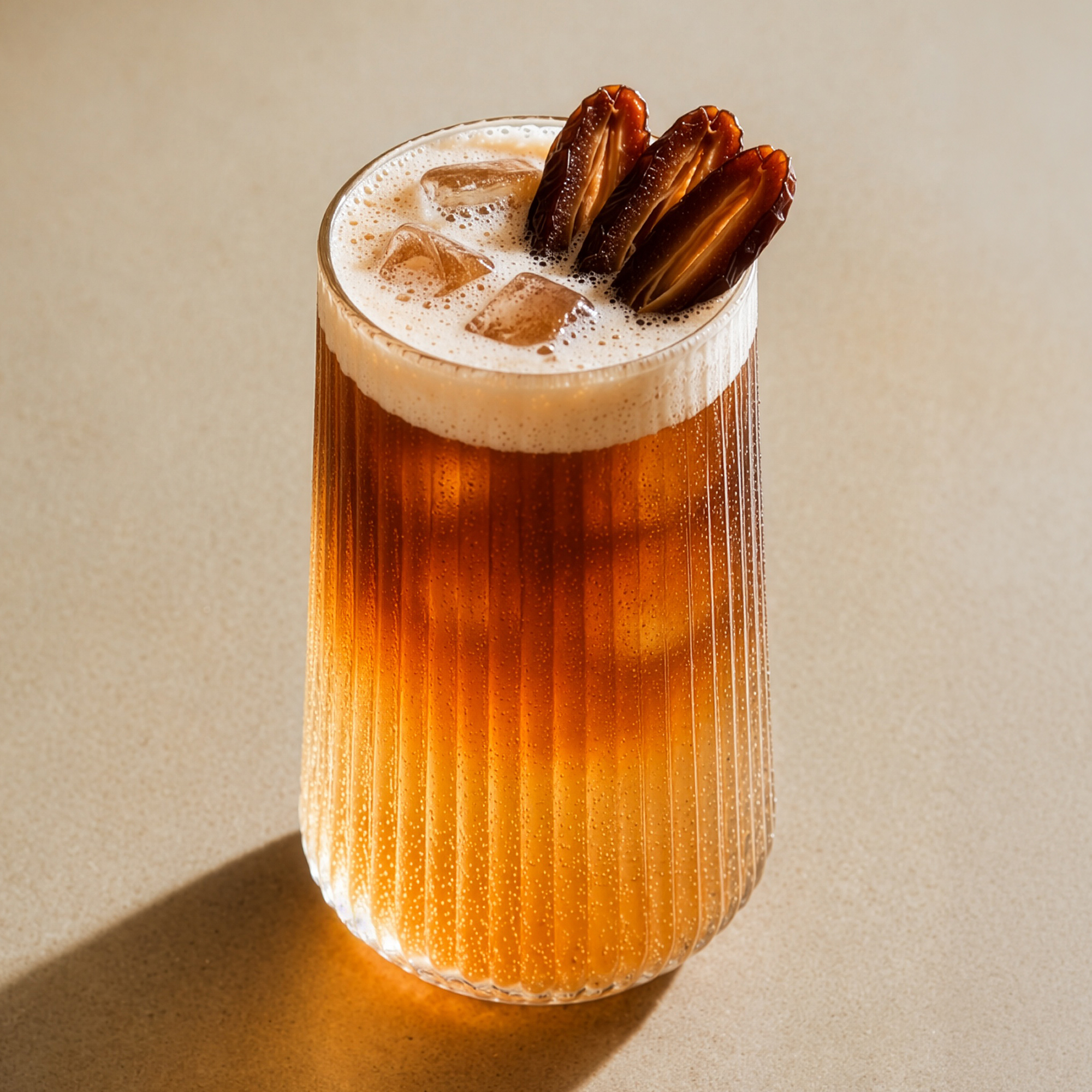 Cocktail with ice cubes and a garnish on a beige background
