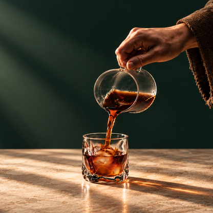 A hand in a brown robe pours amber liquid from a small glass pitcher into a rocks glass on a sunlit table against a dark green background.