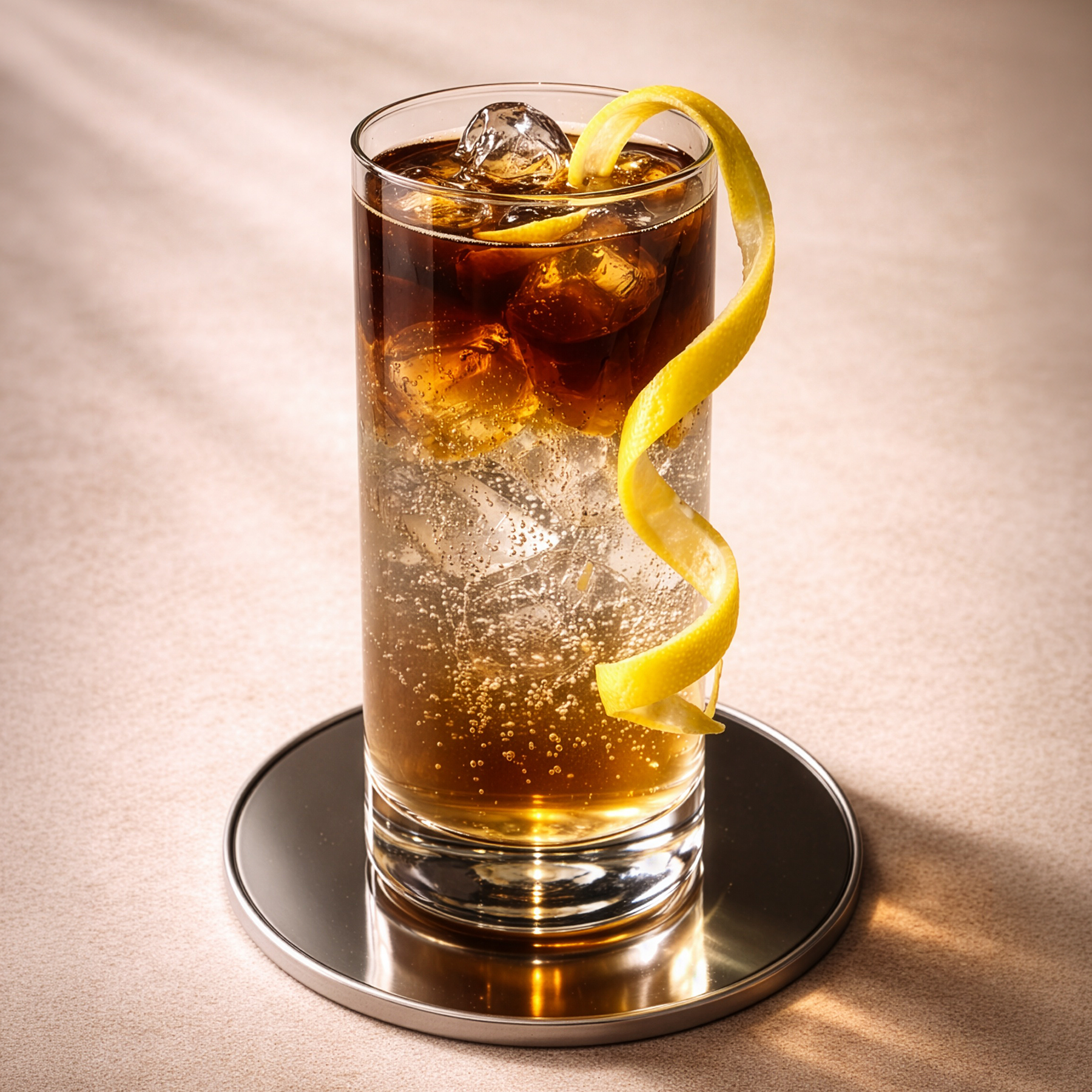 Glass of iced drink with a lemon twist on a textured surface