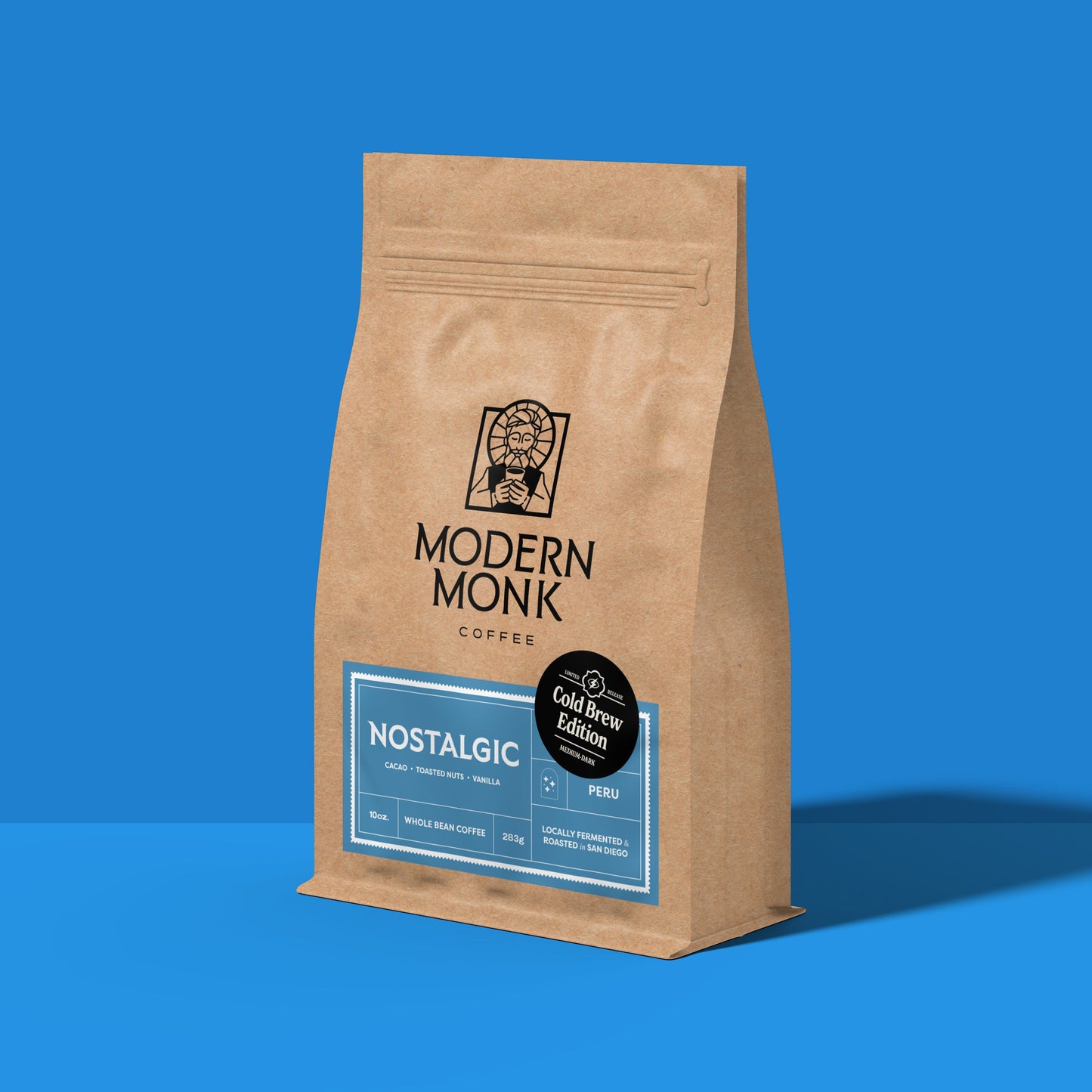 Brown coffee bag with 'Modern Monk Coffee' branding on a blue background