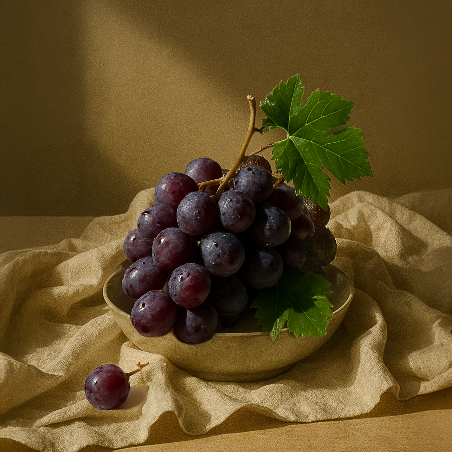 Bowl of grapes on a textured surface with a warm brown background