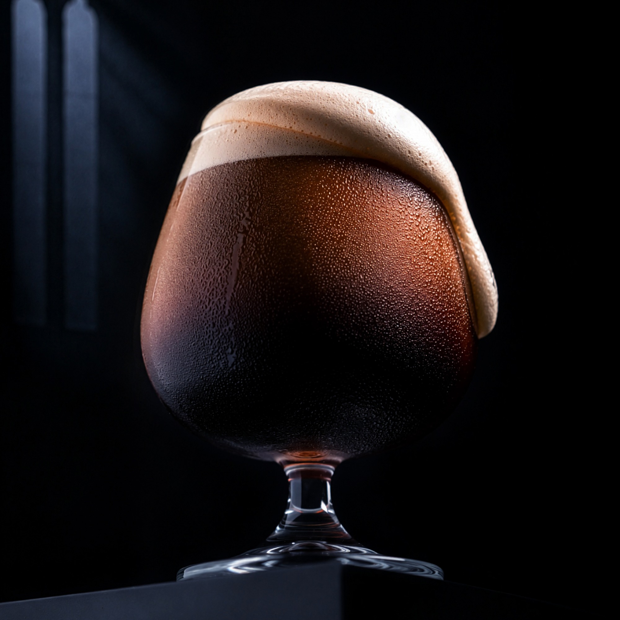 Glass of beer with a thick head on a black background