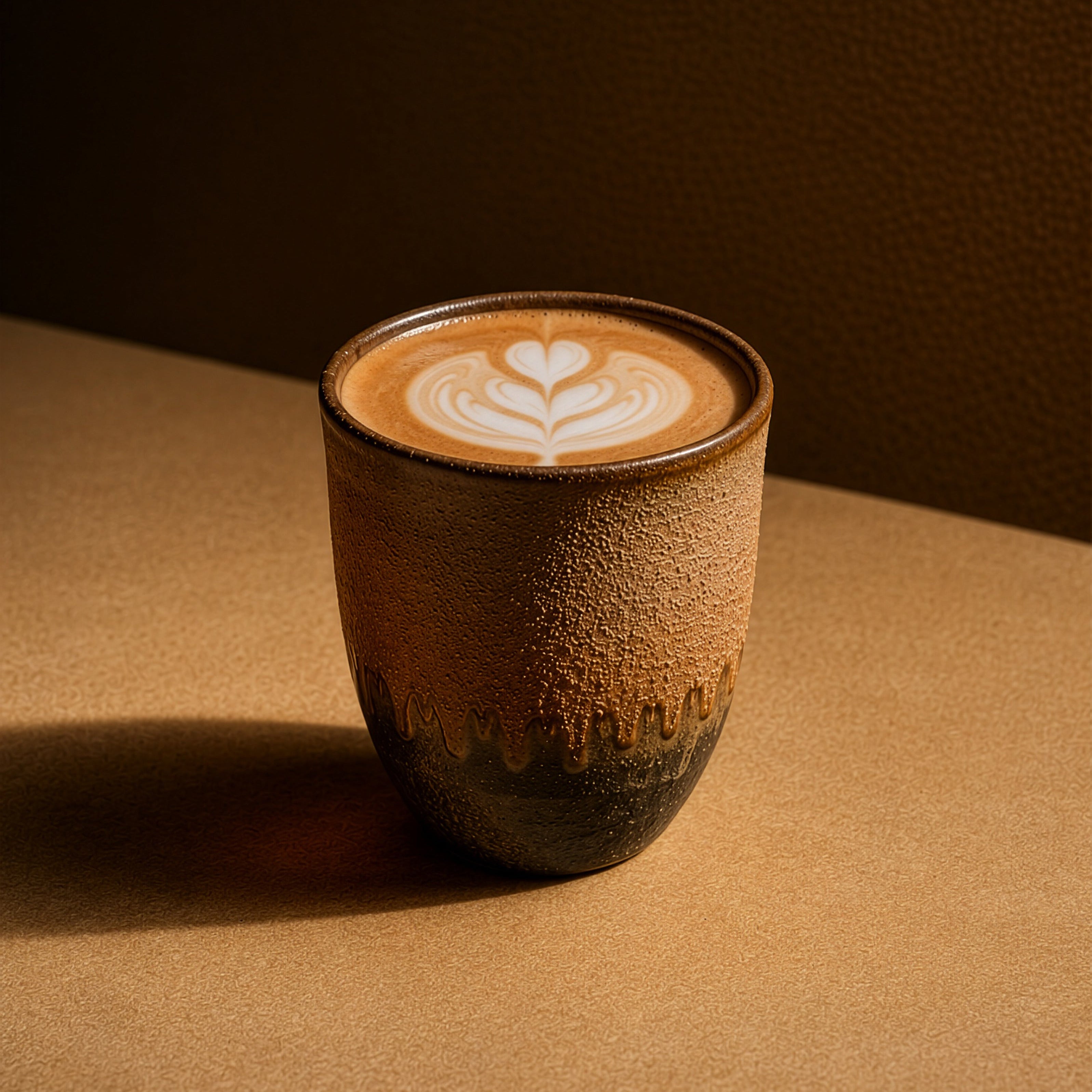 Ceramic cup with a latte art design on a brown surface