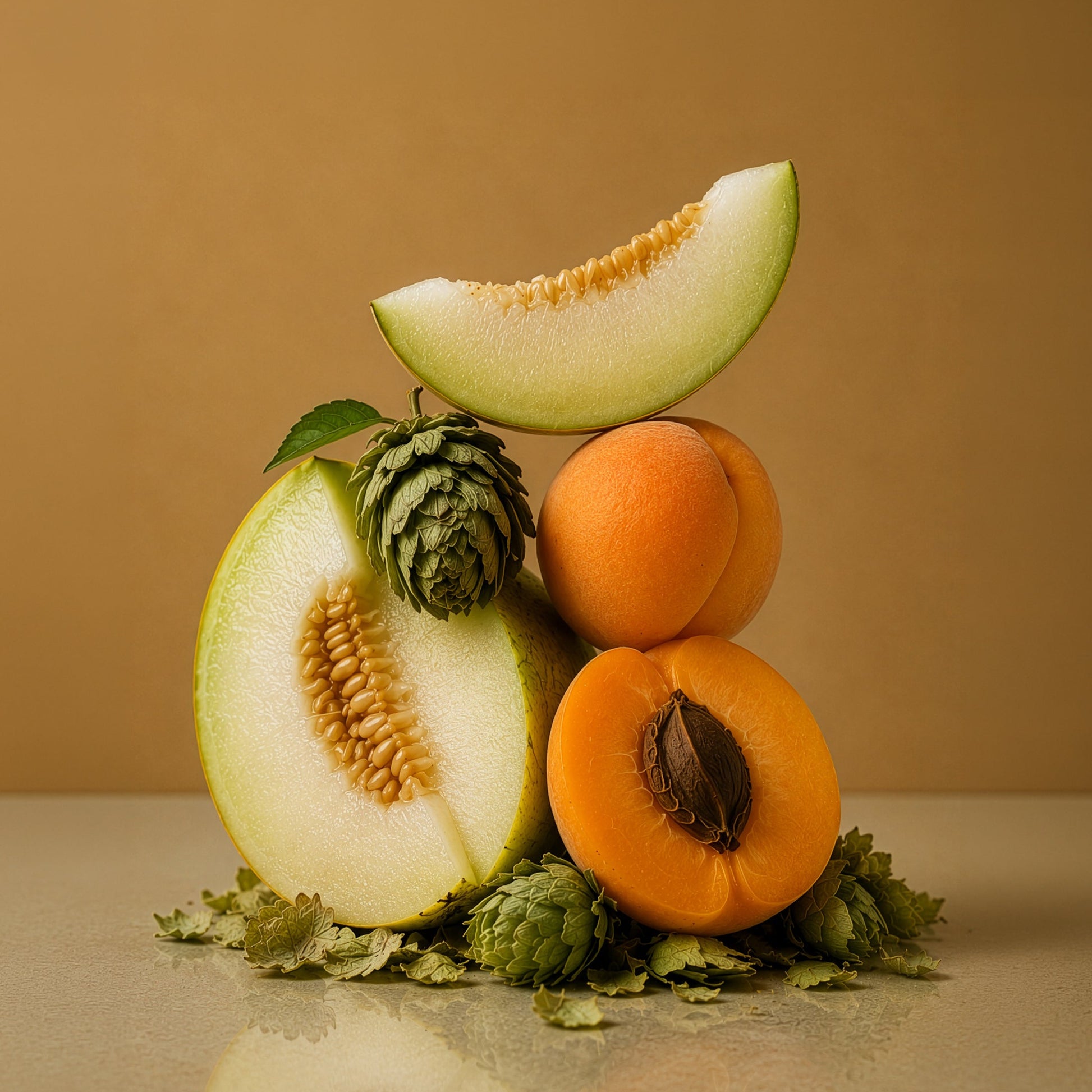 Stack of fruits including melons and apricots on a reflective surface with a beige background