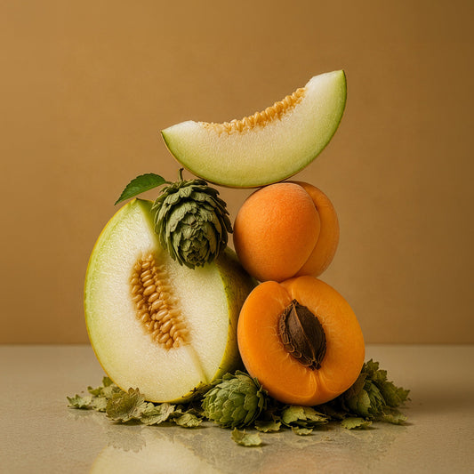 Stack of fruits including melons and apricots on a reflective surface with a beige background