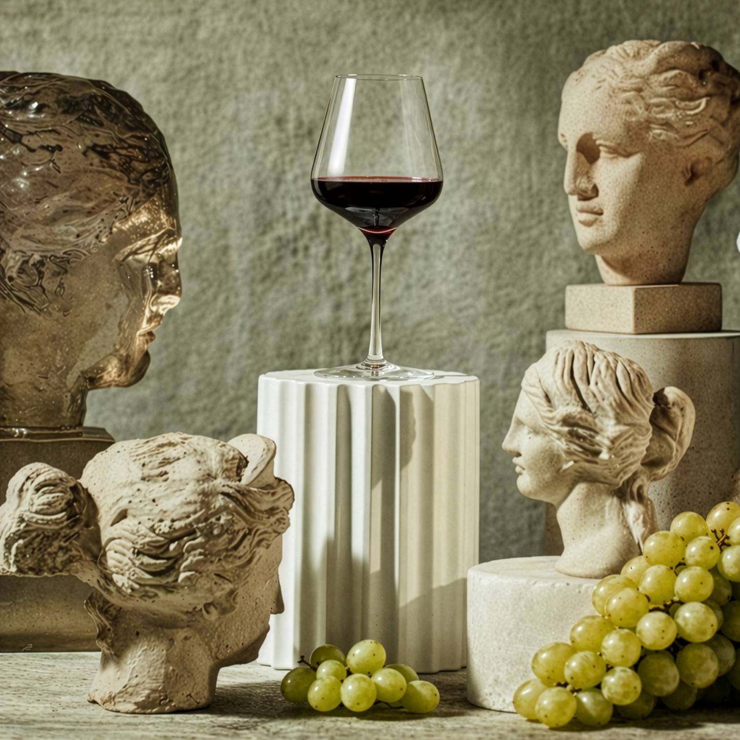 Glass of red wine on a pedestal with classical head sculptures and grapes in the foreground.