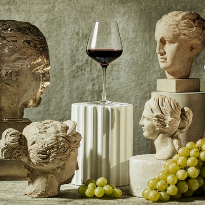 Glass of red wine on a pedestal with classical head sculptures and grapes in the foreground.